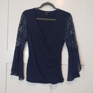 S. Levine Faux Wrap V Neck Stretchy Laced Arms Bell Sleeves Navy Blue Medium